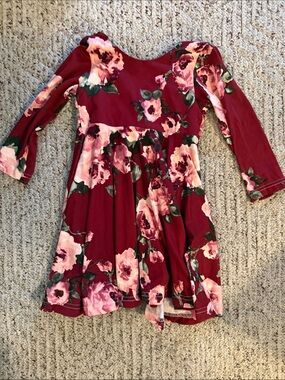 Girls Burgundy Floral Long-Sleeve Twirl Dress